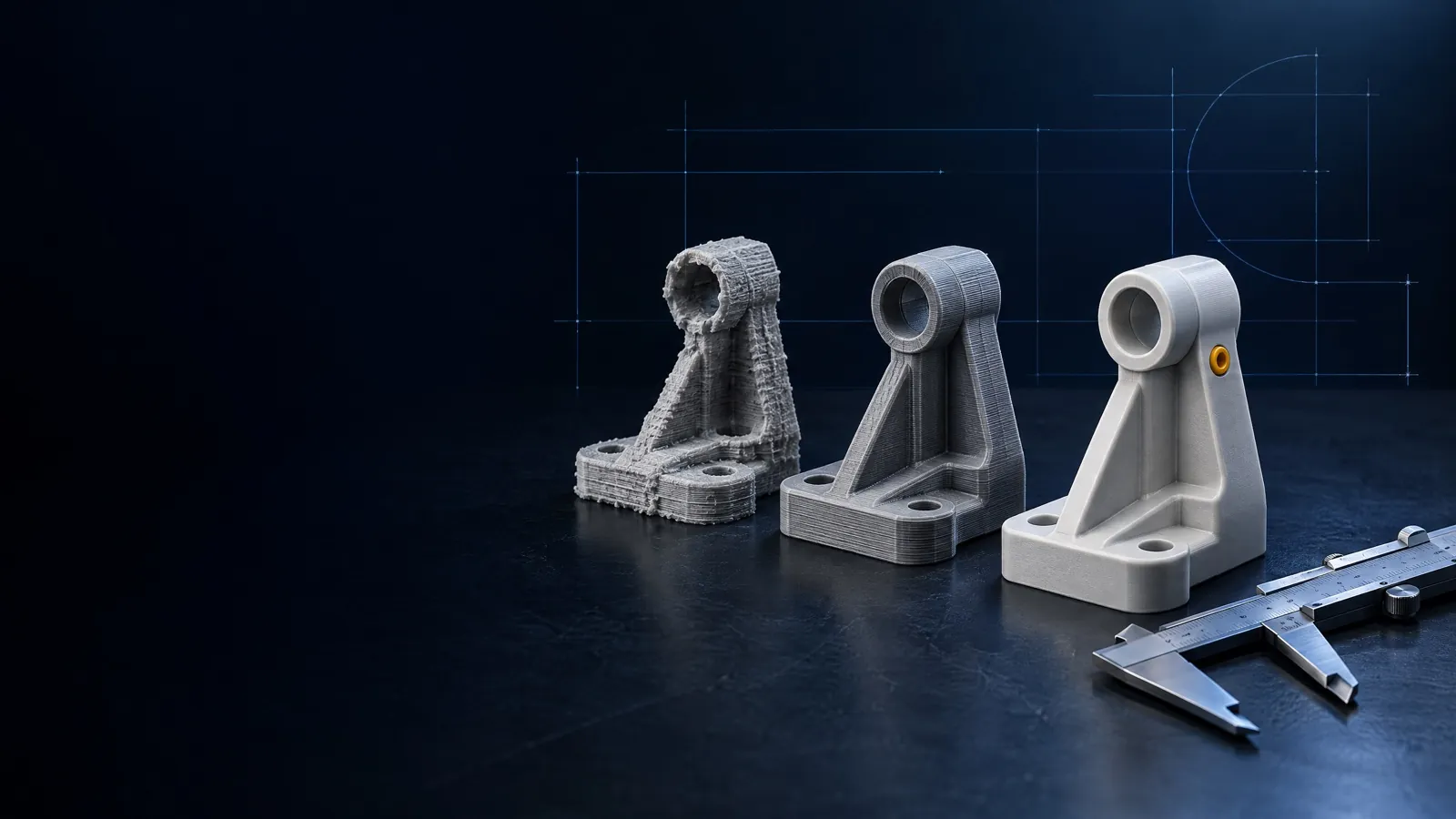 Three 3D-printed versions of the same mechanical bracket, from a rough first print to the finished part, next to a calliper.