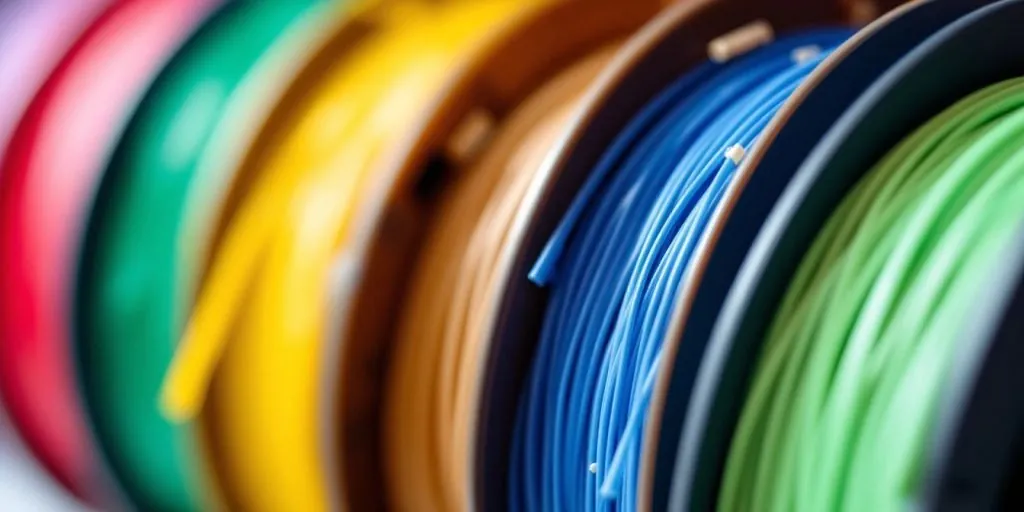 Close-up of 3D printer filament spools in several colours.