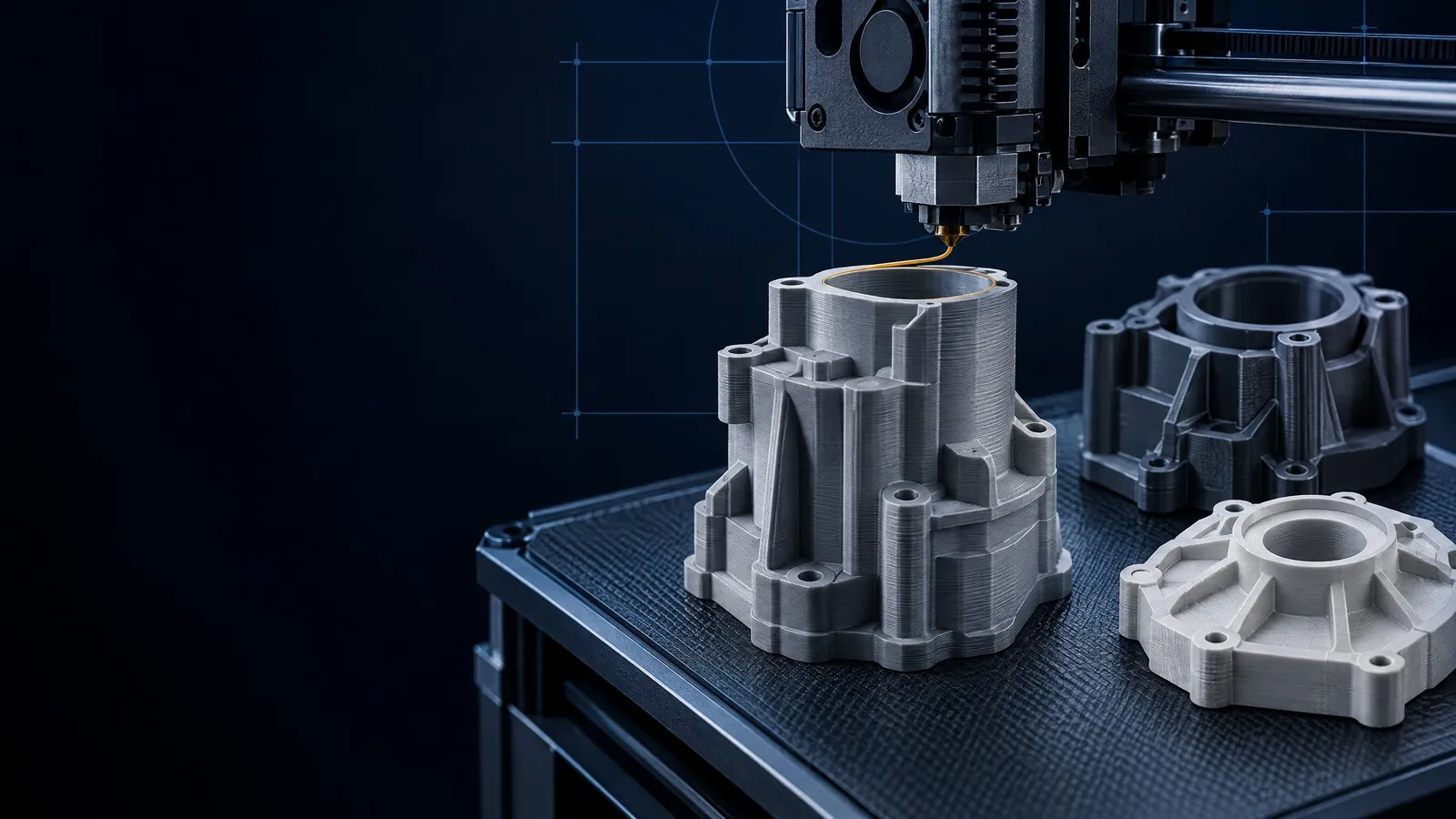 An FDM 3D printer nozzle finishing a mechanical housing, with two printed parts beside it.