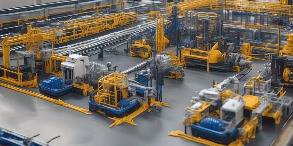 Maquete de uma linha de produção com esteiras e máquinas em azul, cinza e amarelo.