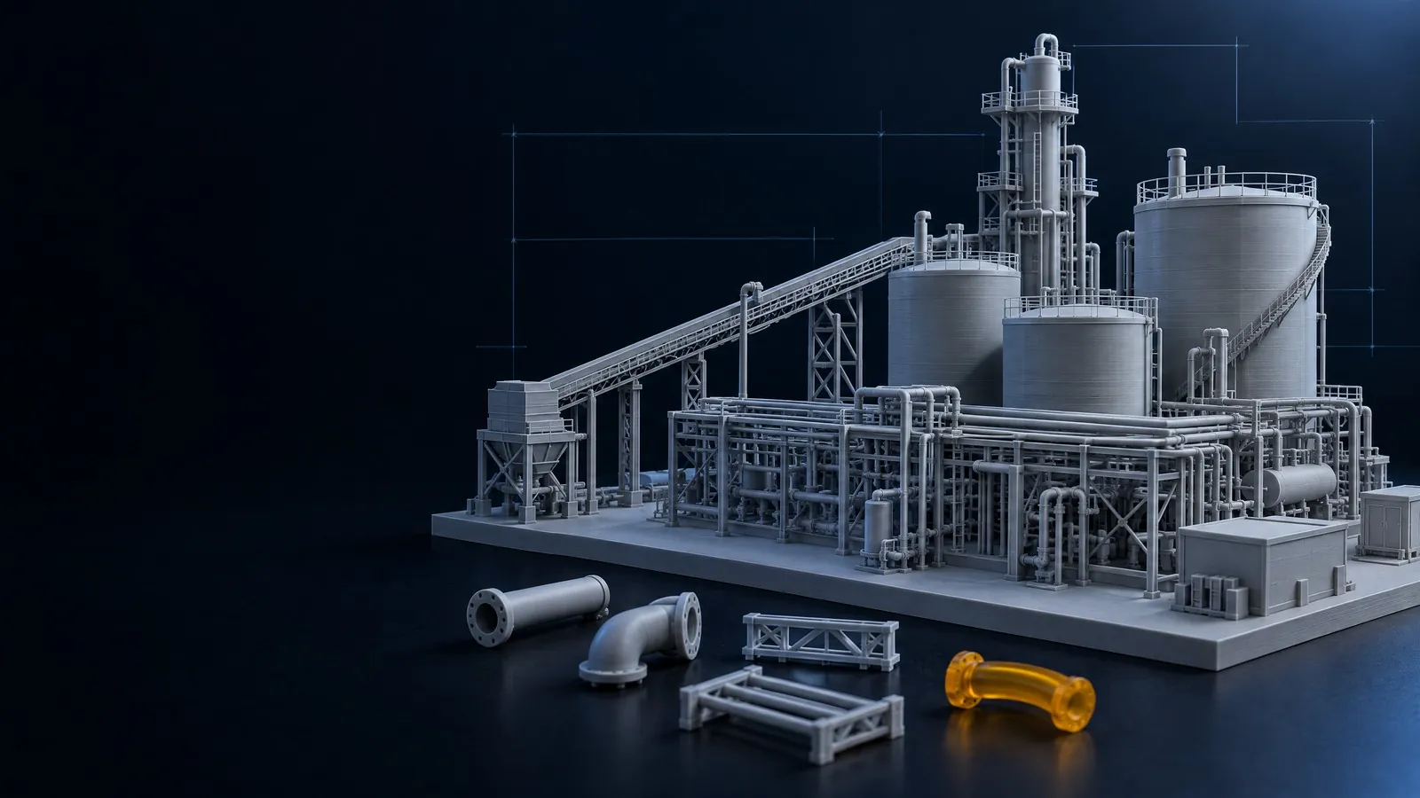 Scale model of an industrial facility with silos, a conveyor and pipework, with loose parts of the next model in front.
