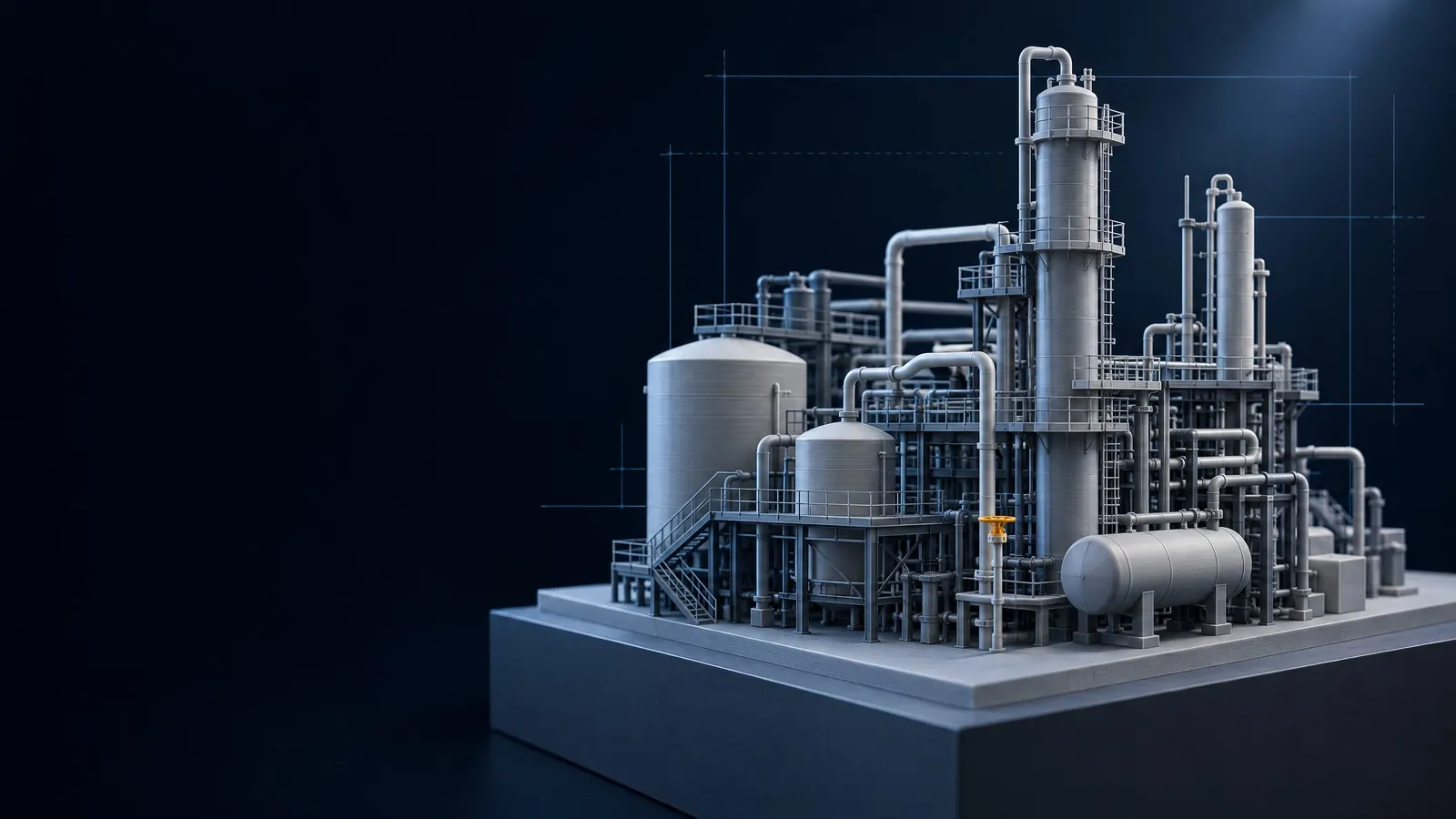 Maquete de uma planta de processo, com tanques, torres e tubulação, sobre um pedestal de exposição.