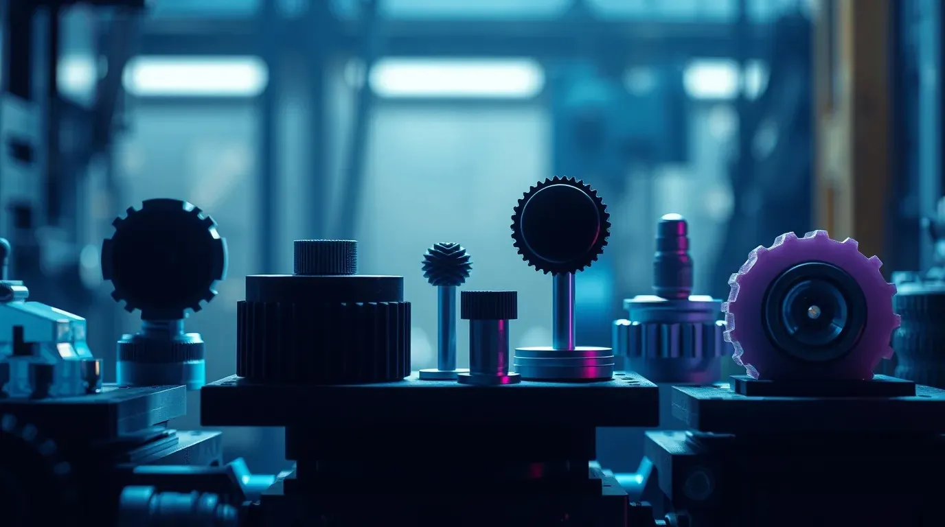 3D-printed gears and mechanical parts on a workbench under bluish light.