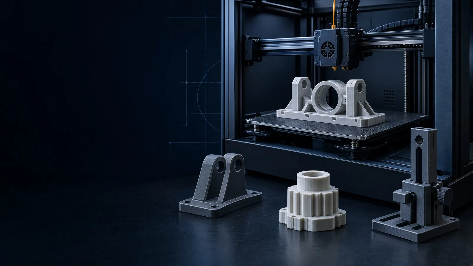 An FDM 3D printer with a freshly printed bearing housing on the bed and more printed parts on the bench.