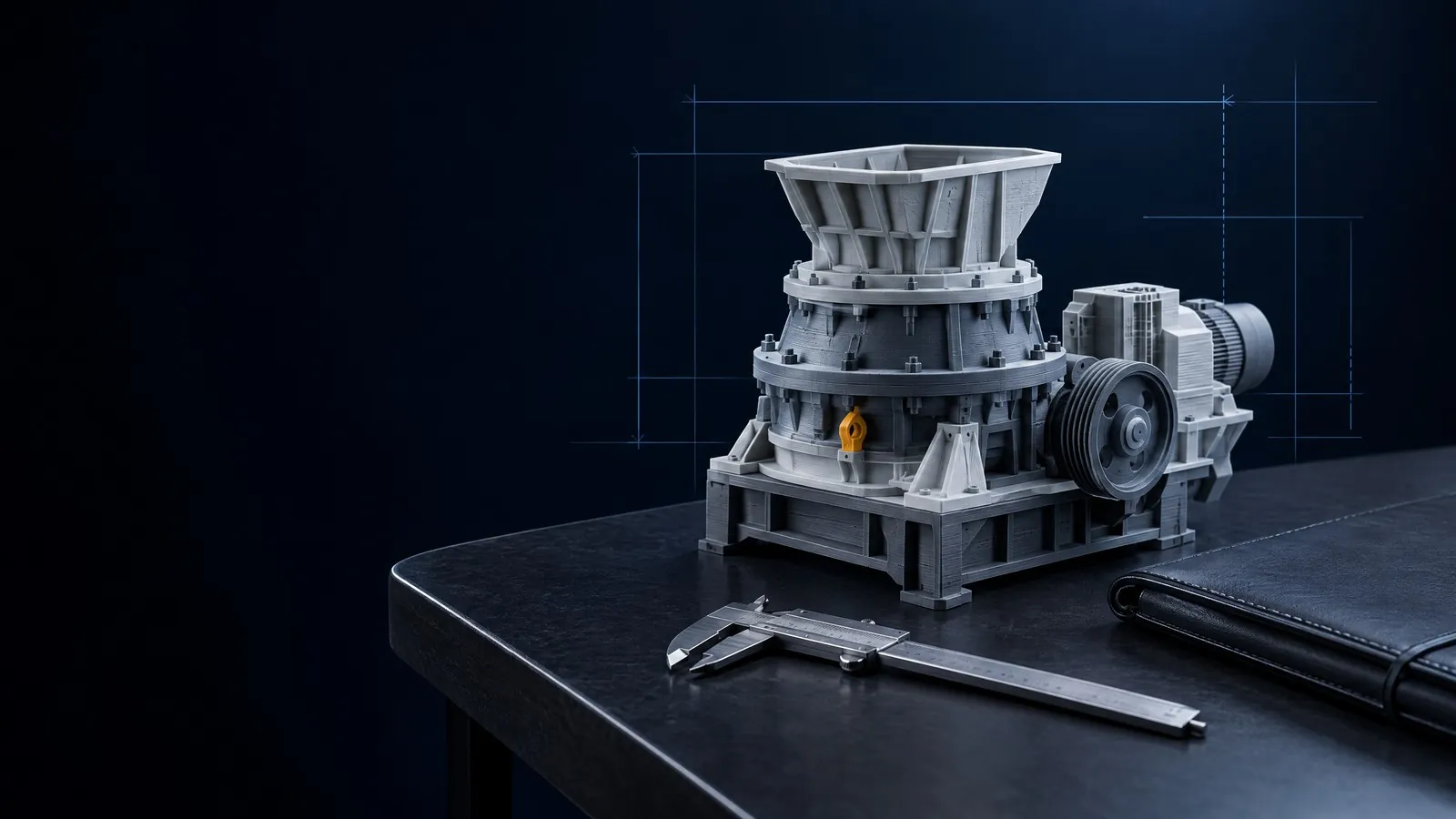 Maquete de um britador cônico sobre uma mesa de reunião, ao lado de um paquímetro e de uma pasta de couro.