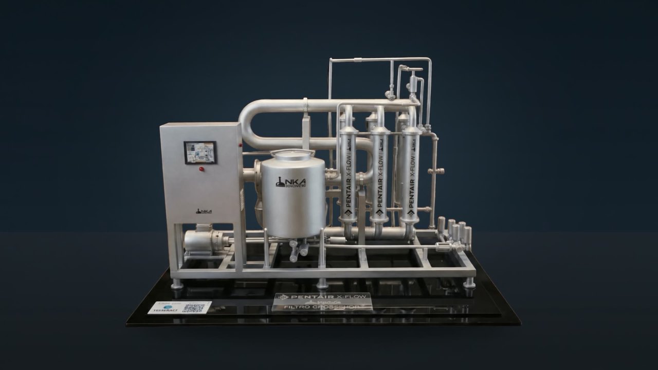 3D printed scale model of a filtration skid, with a panel, a tank and filter columns